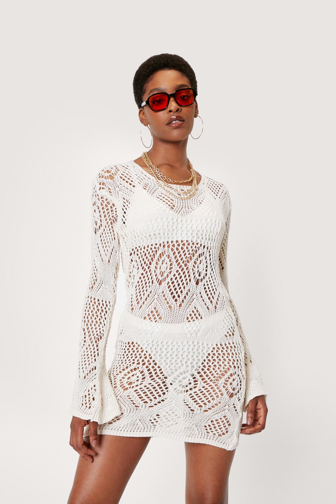 Ecru Crochet Long Sleeve Mini Dress  image number 1