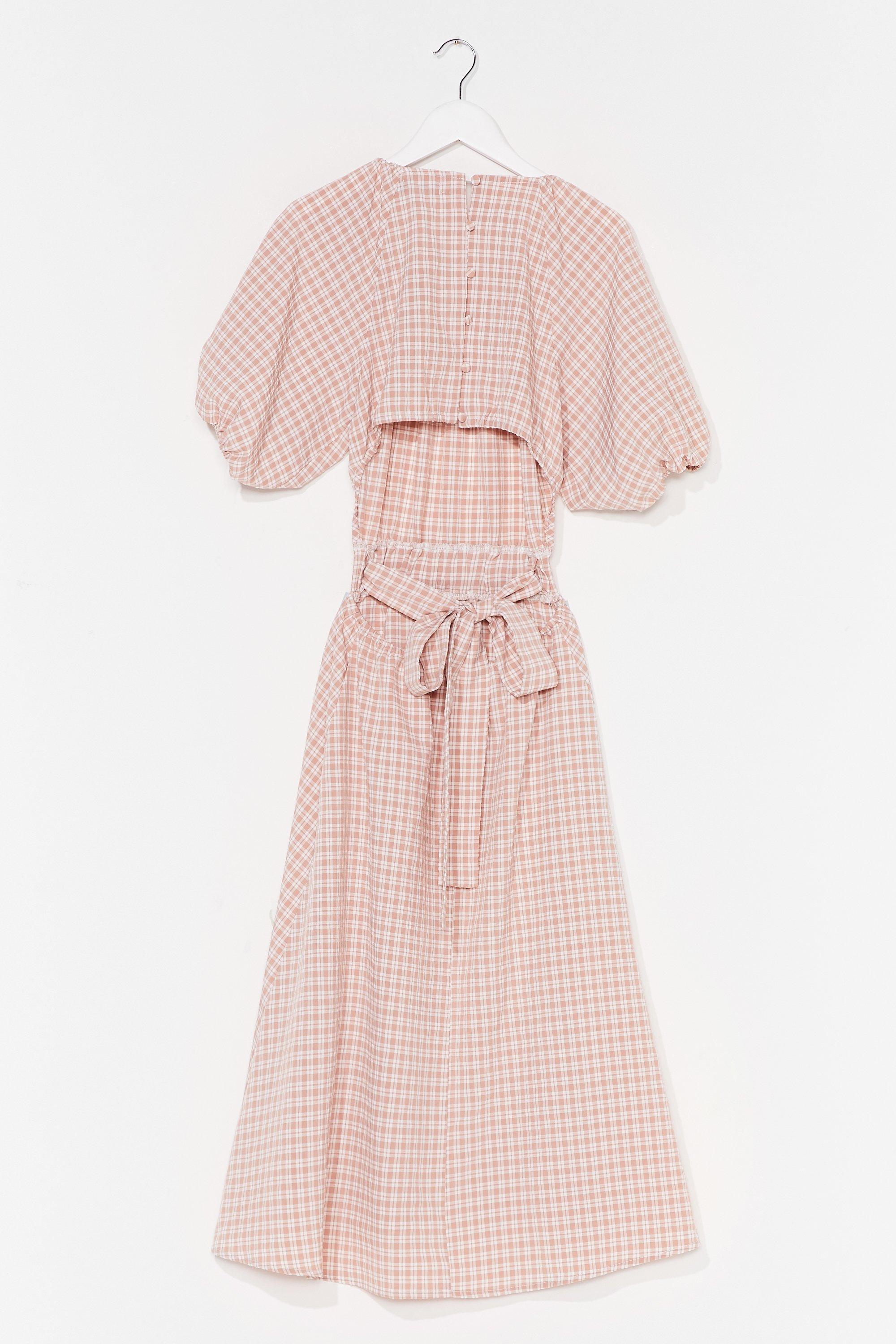 Gingham Puff Sleeve Backless Midi Dress