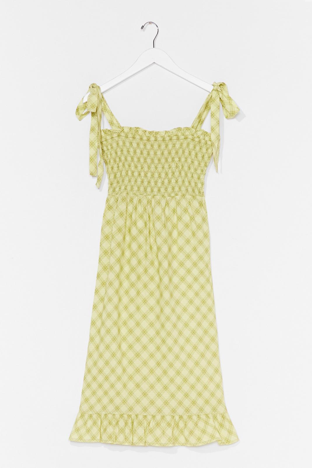 Yellow Gingham Shirred Square Neck Midi Dress