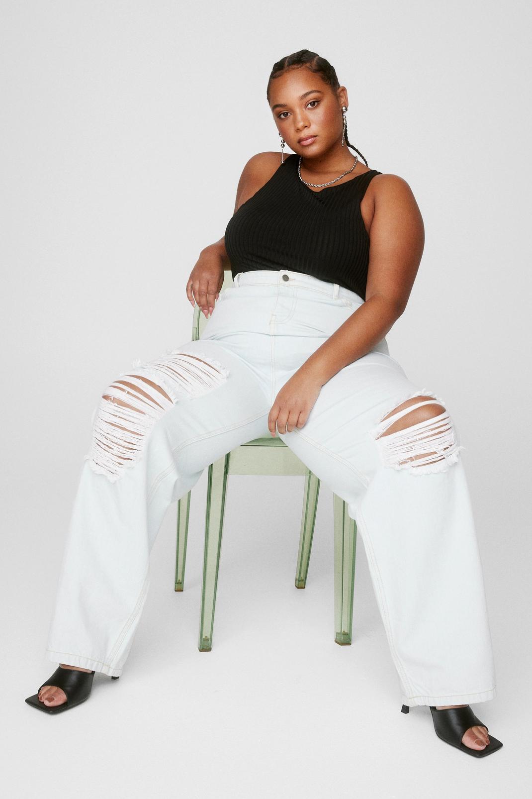 Bleach wash Plus Size Distressed Knee Wide Leg Jeans image number 1