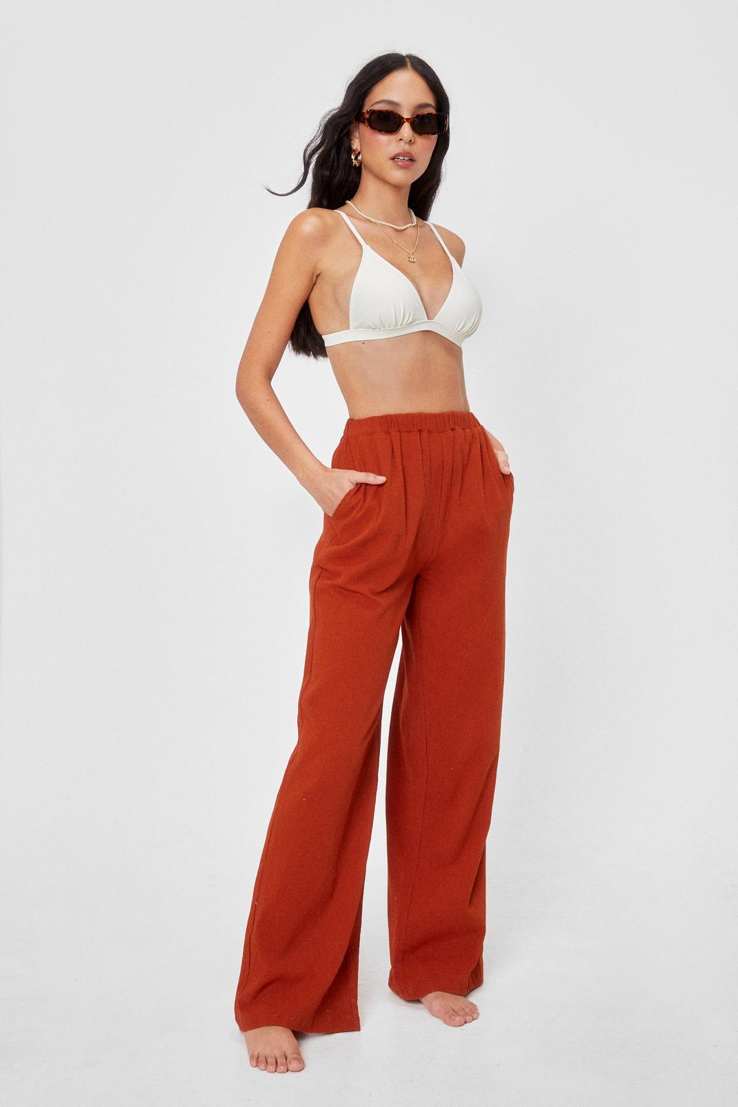 Rust Crinkle High Waisted High Leg Cover Up Pants image number 1