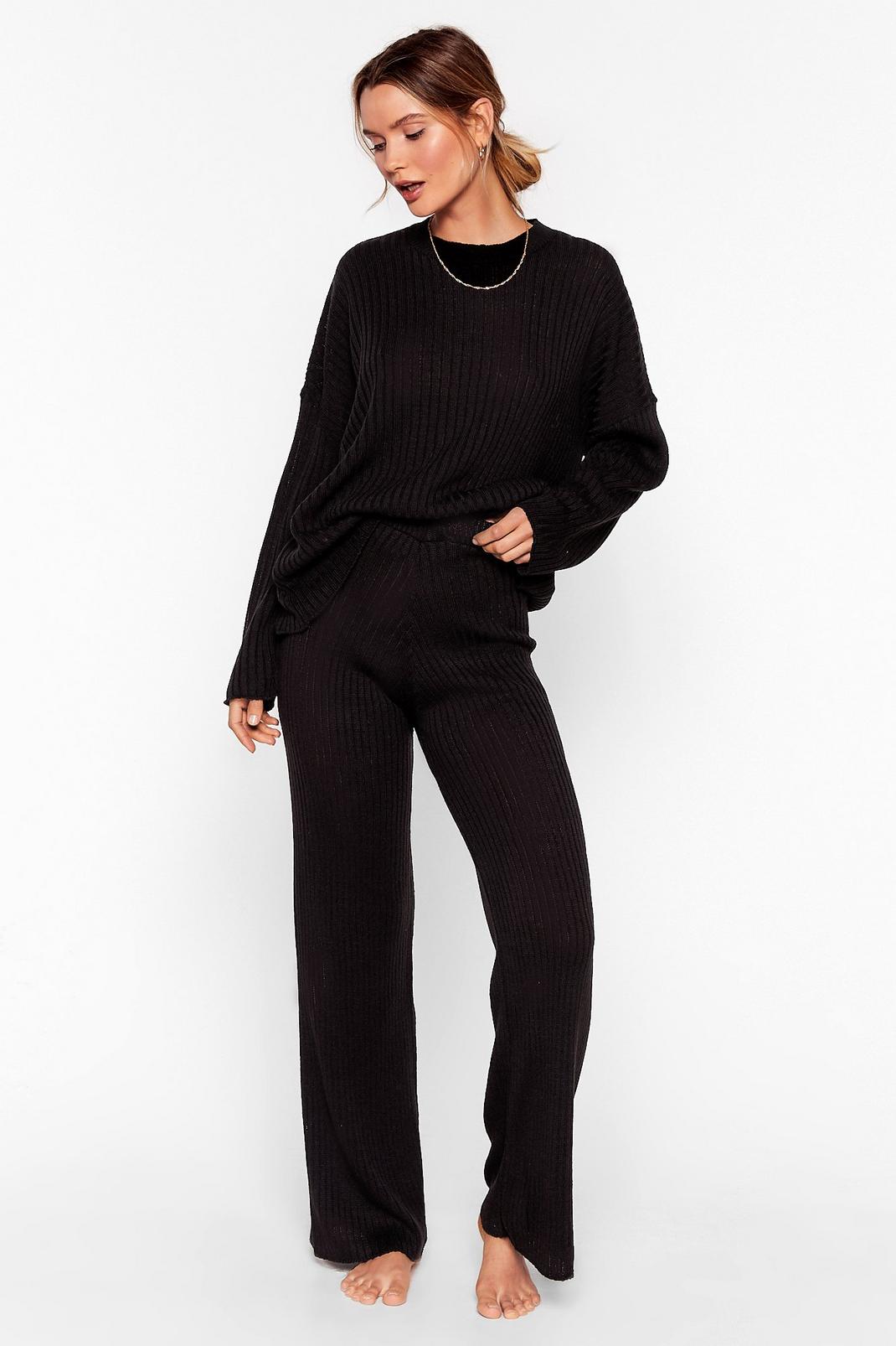Black Ribbed Sweater and Pants Lounge Set image number 1