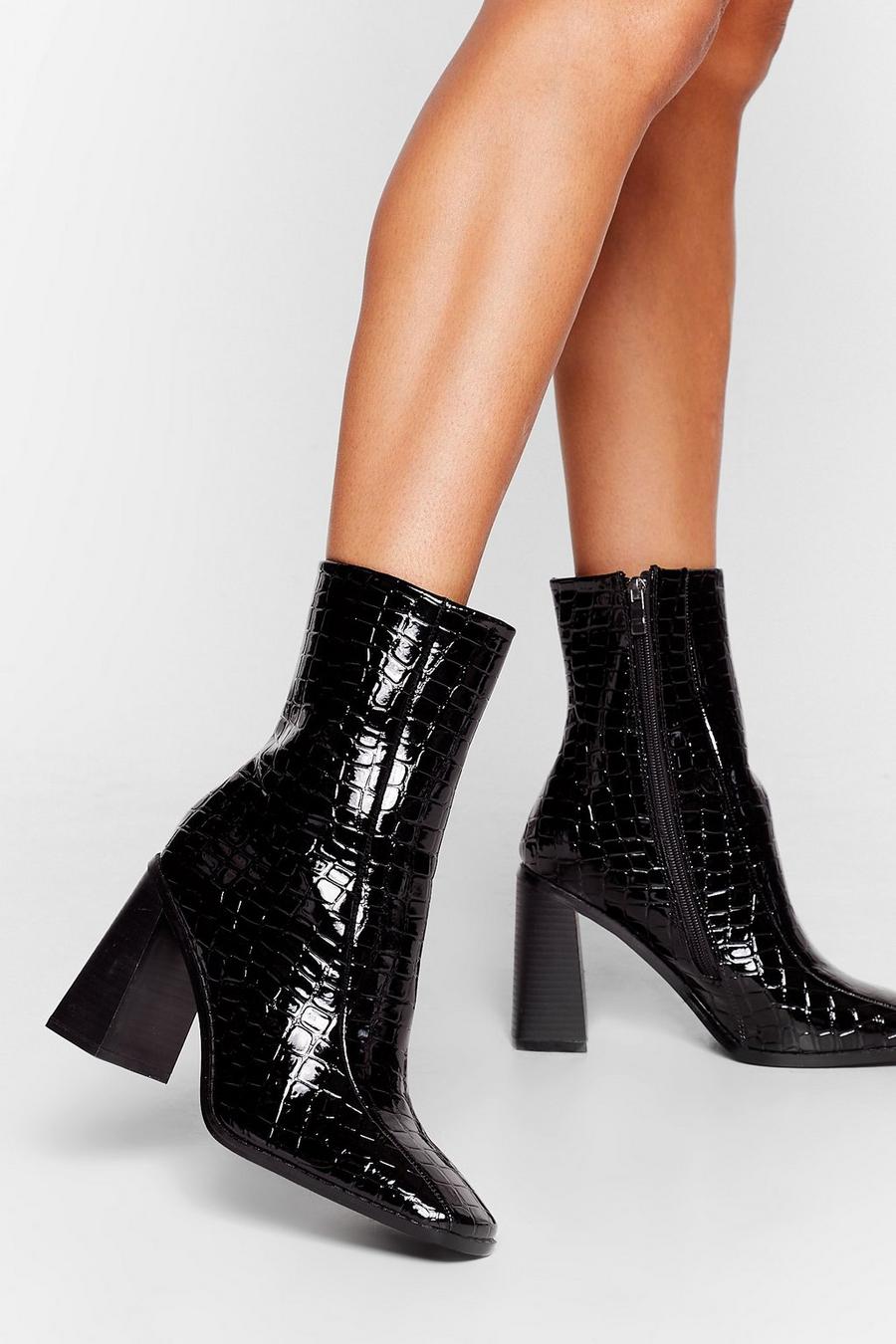 Croc Flare Heeled Ankle Boots