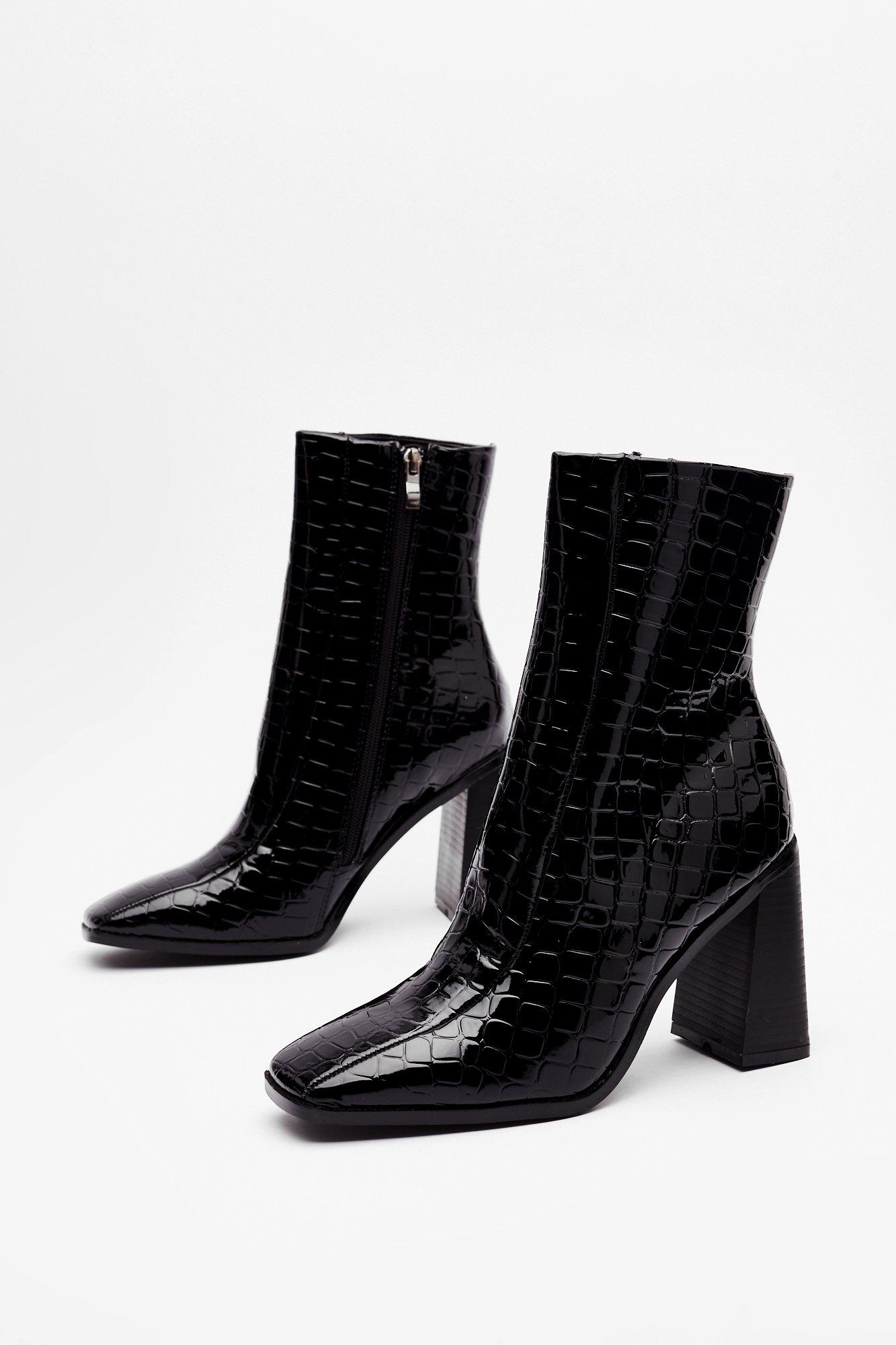 Croc Flare Heeled Ankle Boots