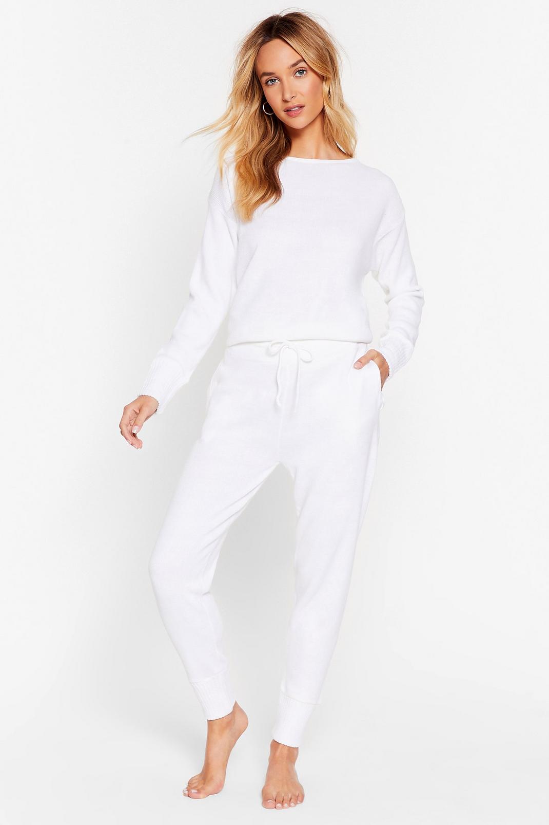 White Fitted Knit Jumper and Tracksuit Pants Set image number 1