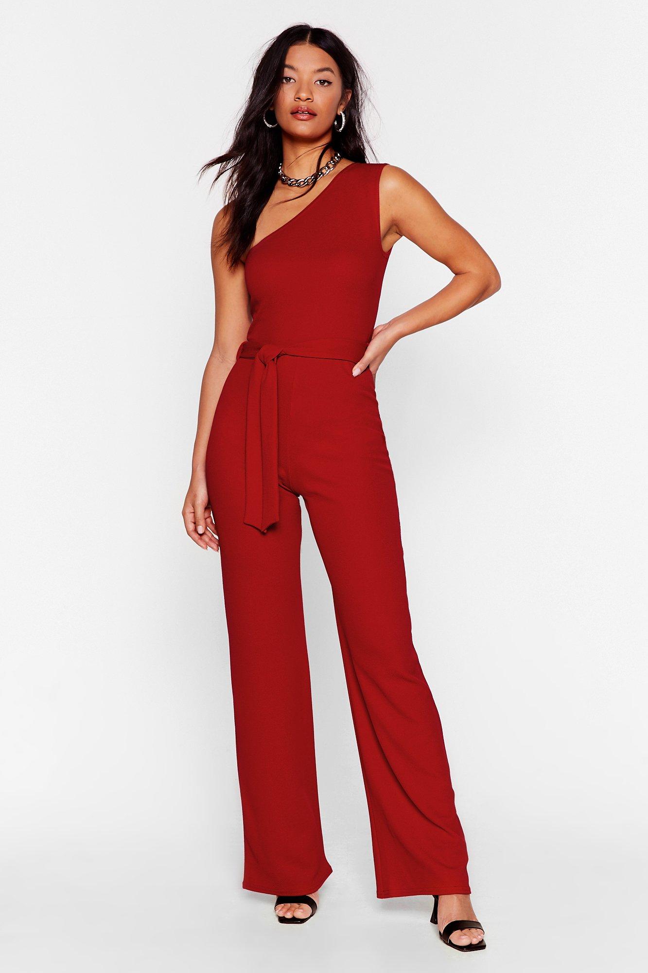 red belted one shoulder jumpsuit