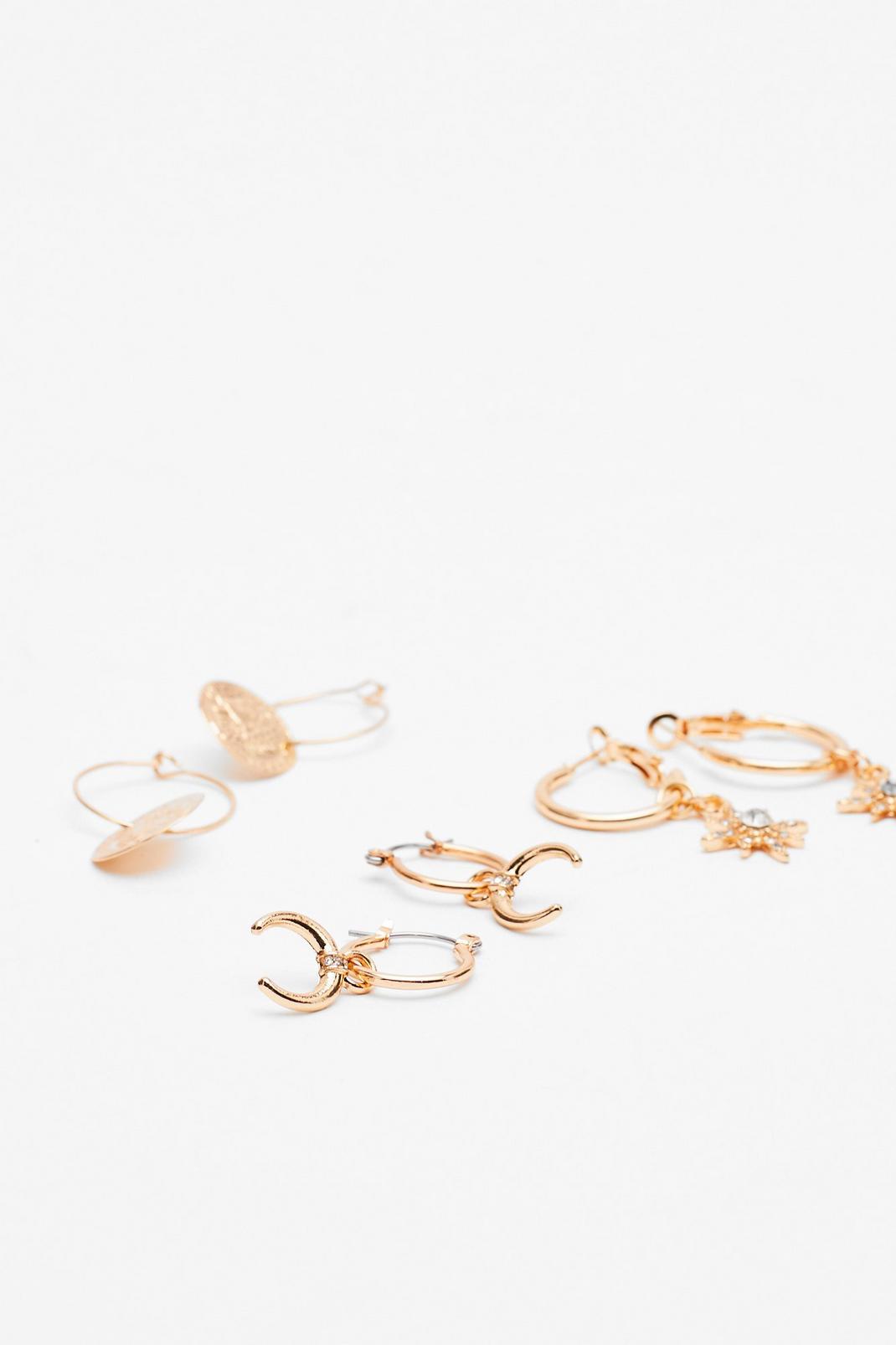 Gold Moon and Stars 3-Pc Drop Hoop Earrings image number 1