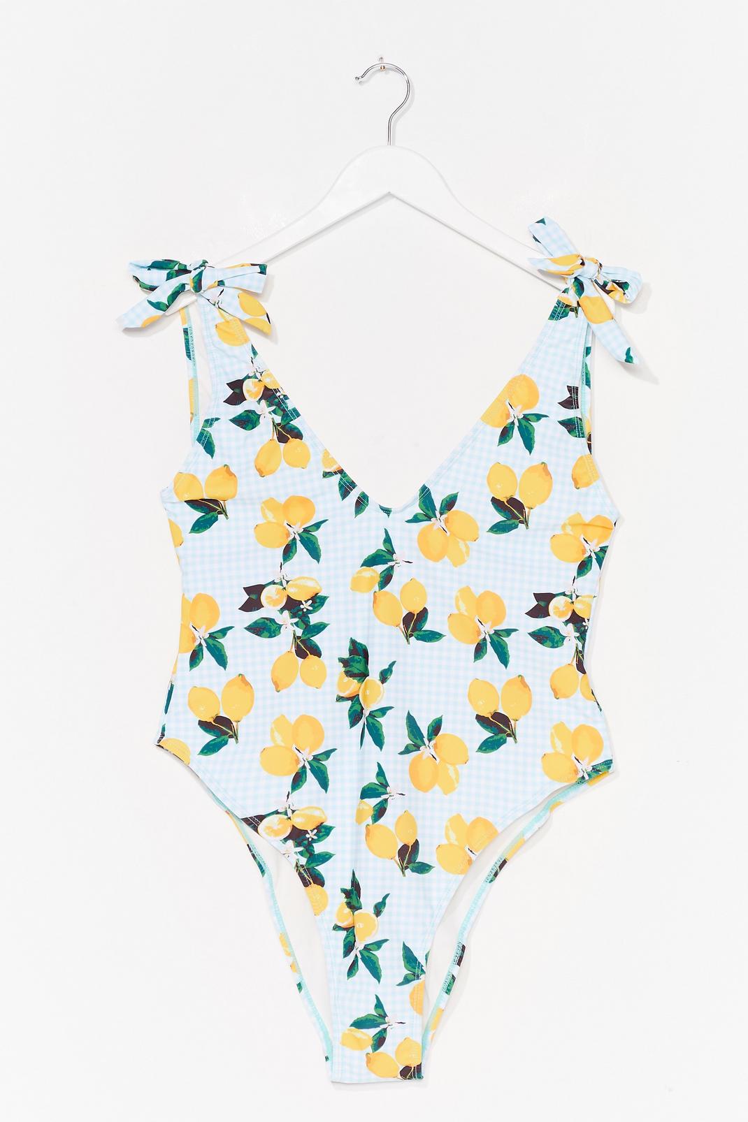 Turquoise Plus Size Gingham + Lemons Tie Shoulder Swimsuit image number 1