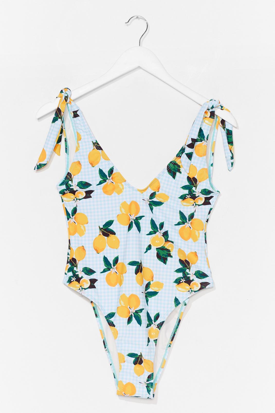Turquoise Gingham Lemon Tie Shoulder Swimsuit image number 1