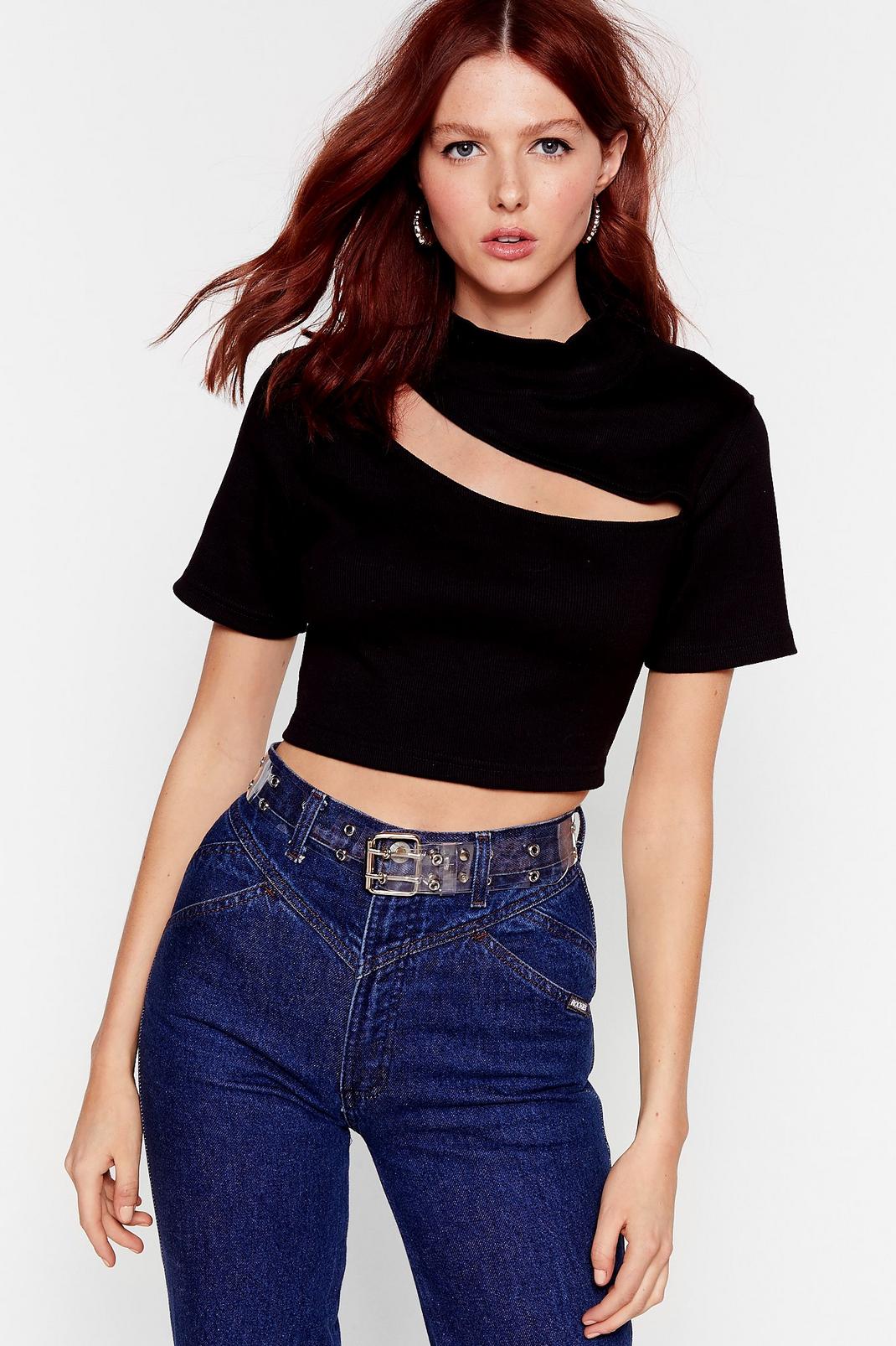Black Ribbed Cut Out Crop Top image number 1