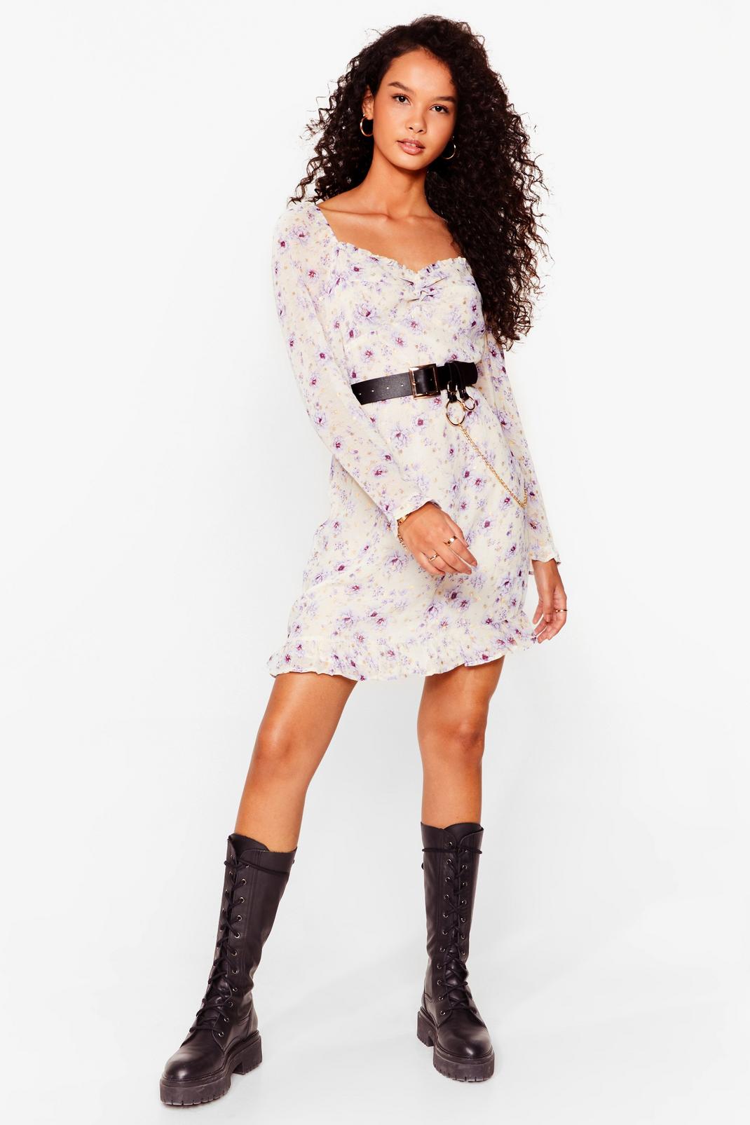 Lilac Floral Square Neck Long Sleeve Mini Dress image number 1
