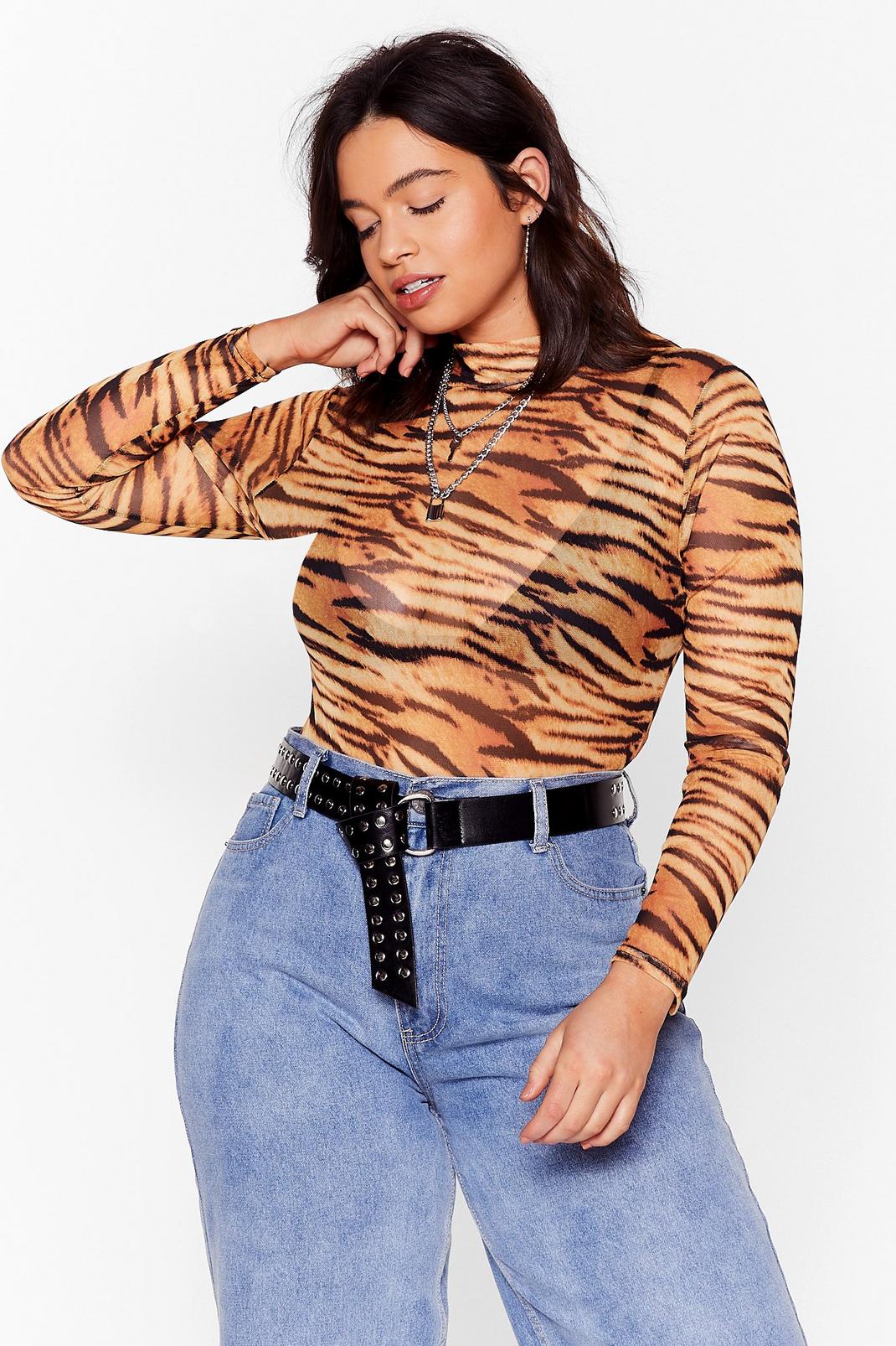 Brown Last Night Was a Purr Plus Tiger Bodysuit image number 1