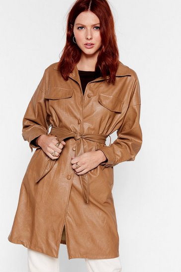 Camel Colour High Neck Long Leather Look PVC Coat 10-16 Back Split Zip
