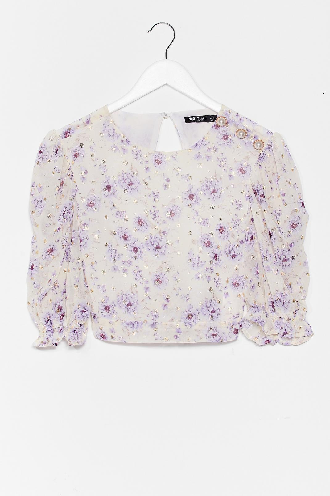 Lilac Floral Pearl Button Puff Sleeve Crop Top image number 1