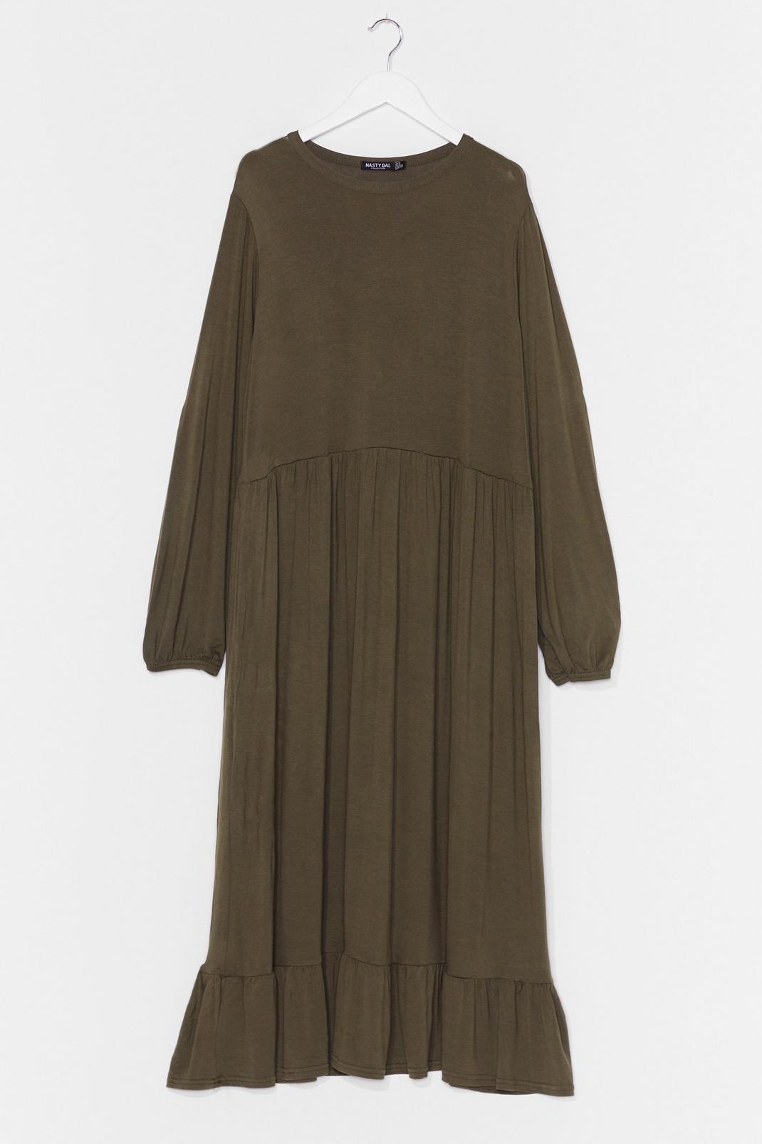 Khaki Plus Size Long Sleeve Midi Smock Dress image number 1