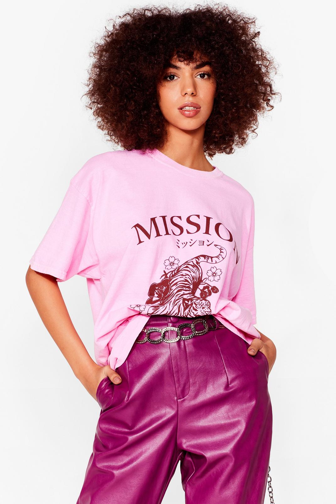 T-shirt ample à inscription Mission et impression tigre, Pink image number 1