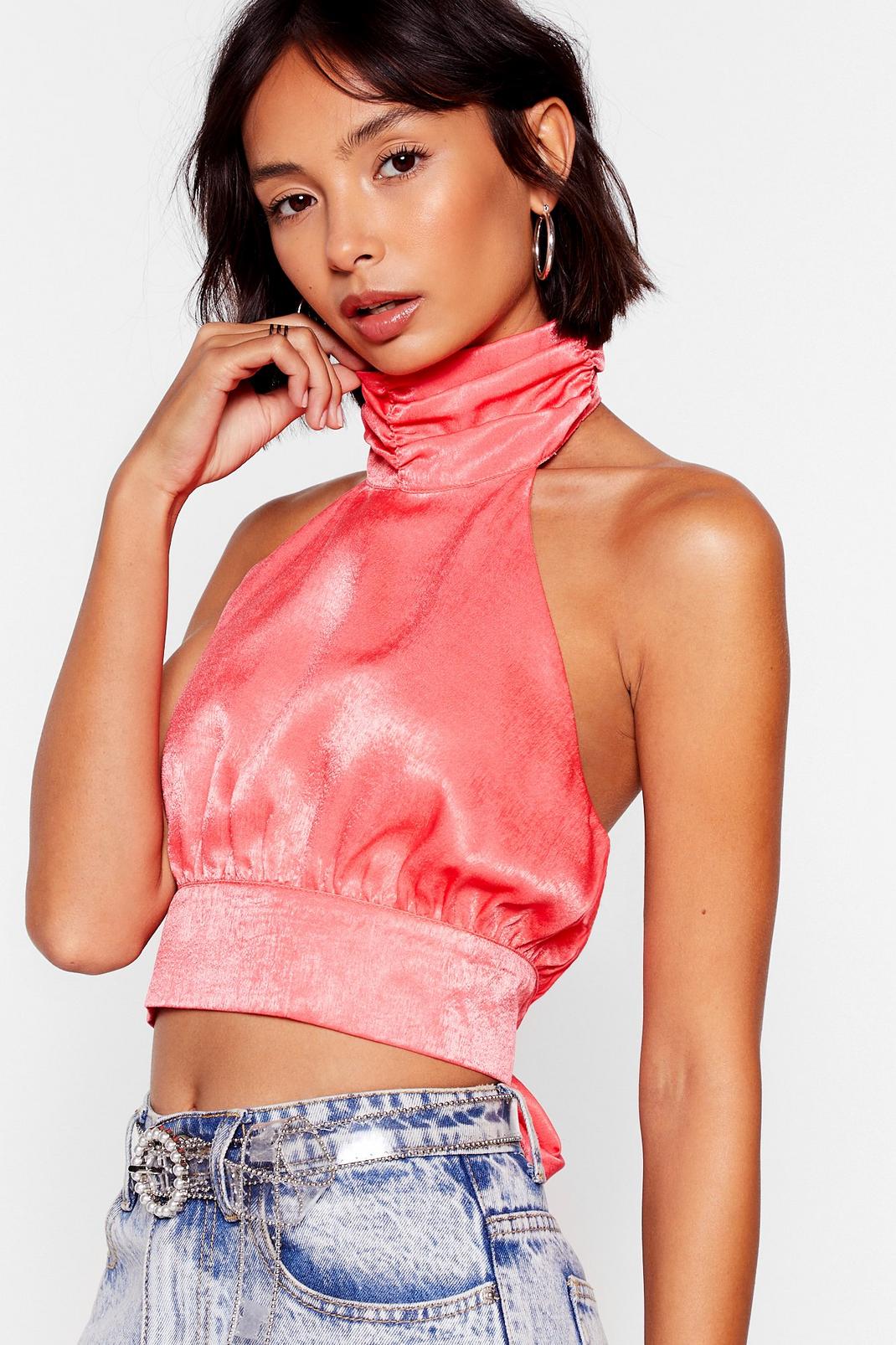 Coral Satins All the Time High Neck Crop Top image number 1