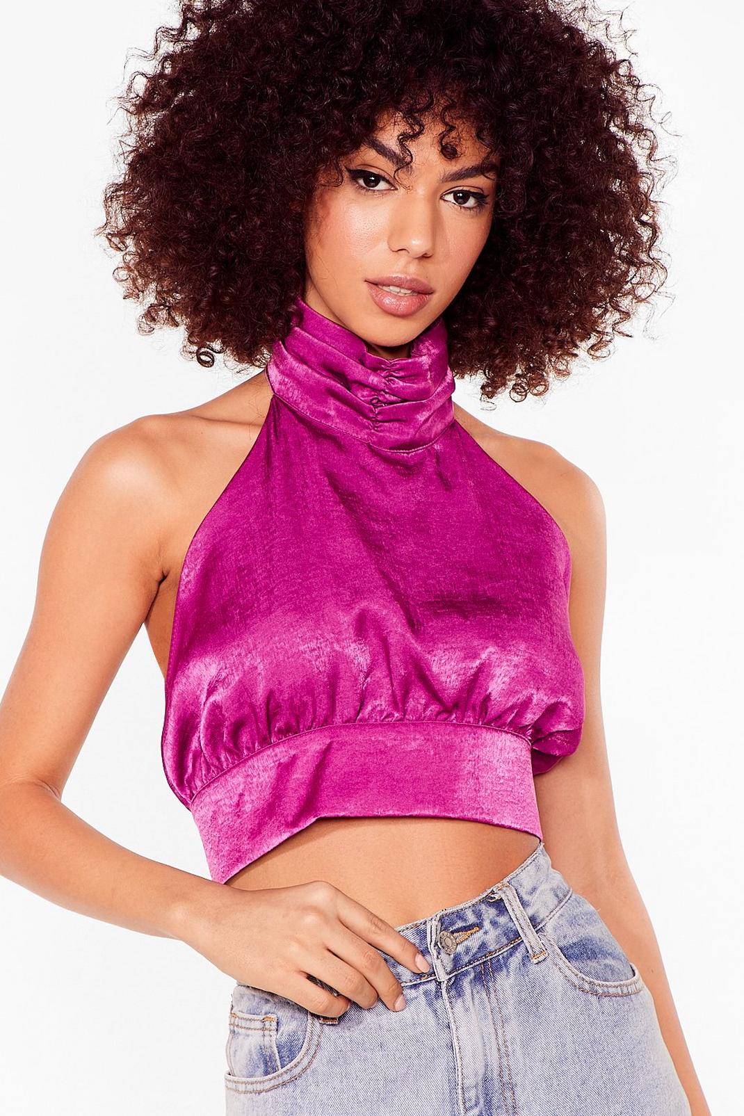 Wine Satins All the Time High Neck Crop Top image number 1