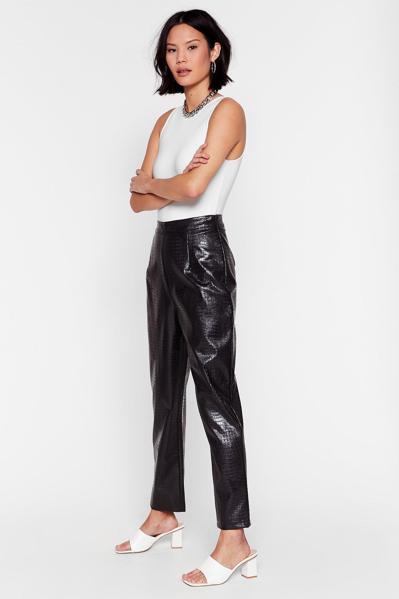 FAUX LEATHER CROC TROUSERS, Black