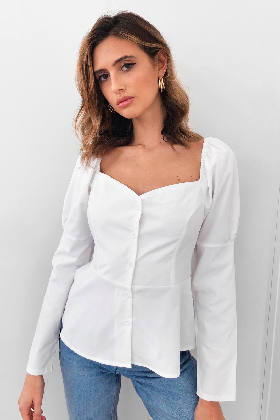 White Sweetheart Neckline Puff Sleeve Blouse image number 1