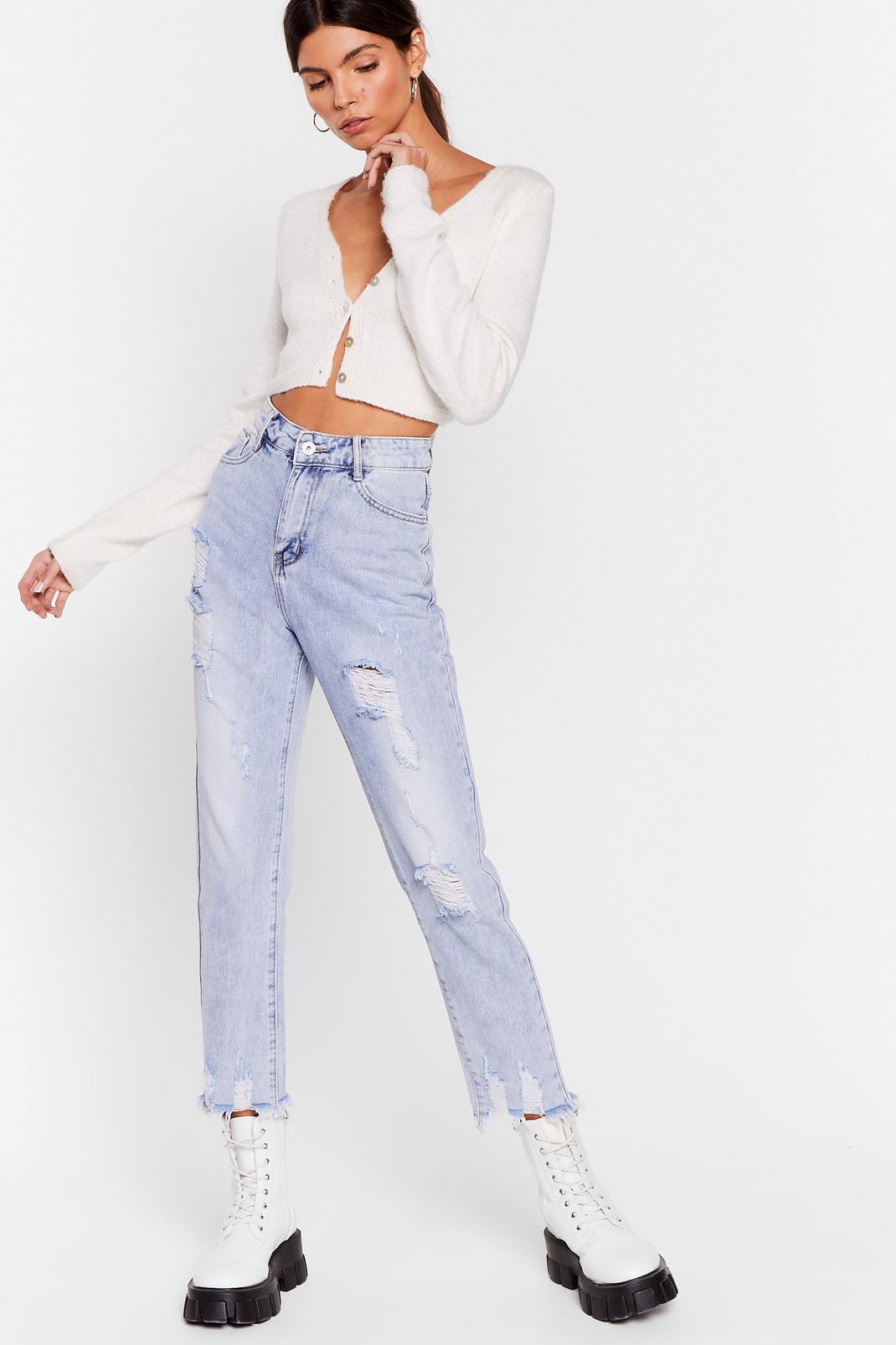Light blue Fray to Go Distressed Mom Jeans image number 1
