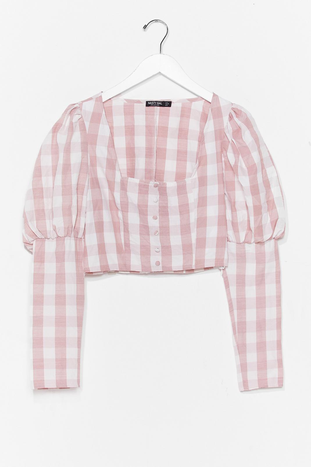 Pink Gingham a Reason Puff Sleeve Cropped Blouse image number 1