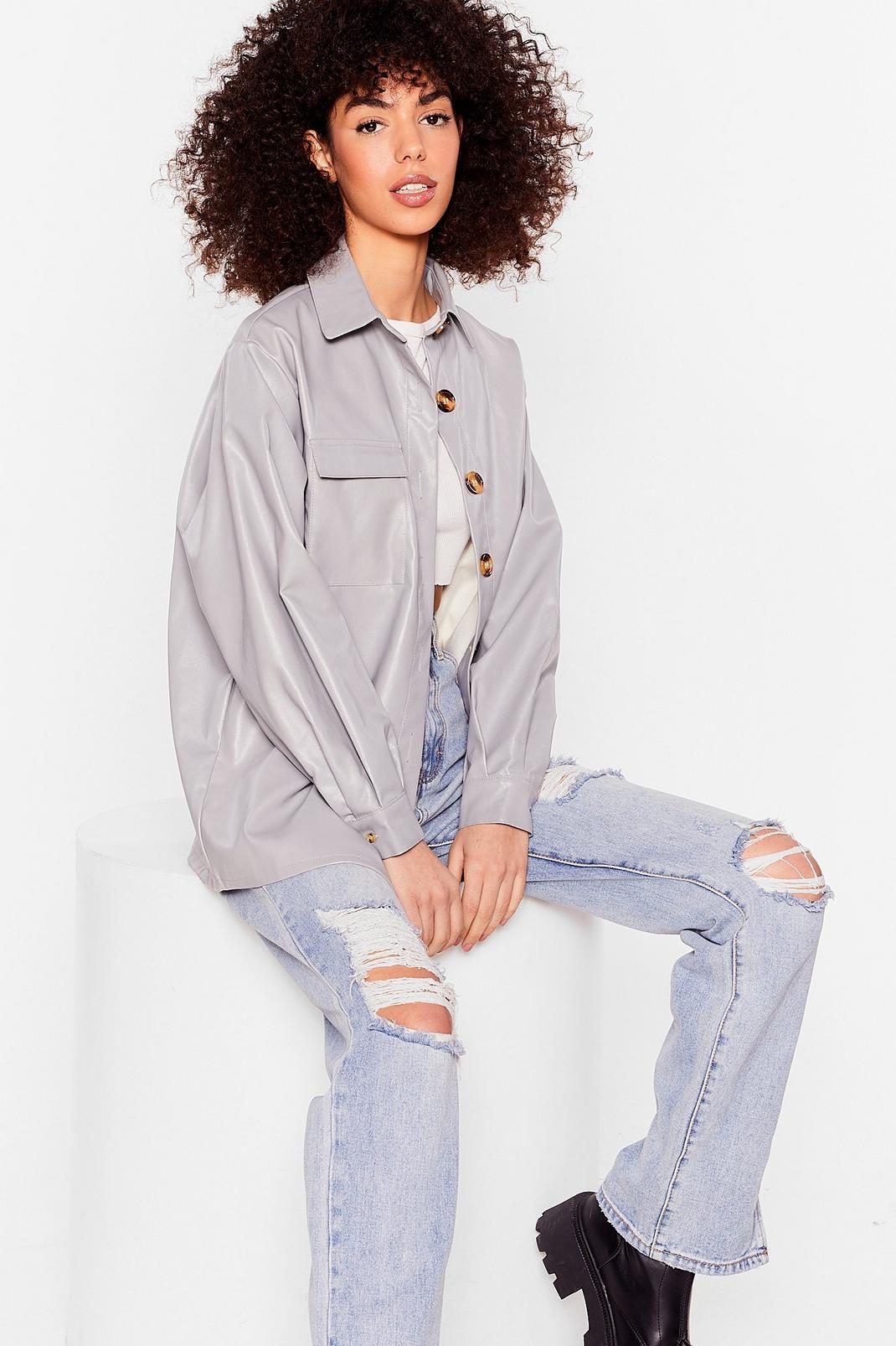 Grey Faux Leather Button Down Shirt image number 1