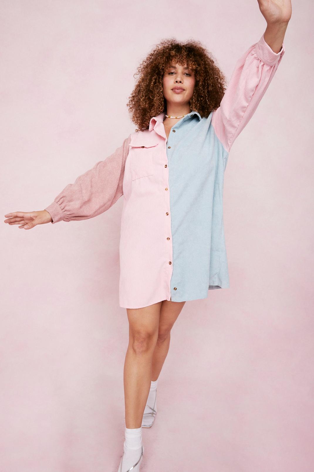 Pink Plus Size Corduroy Color Block Shirt Dress image number 1