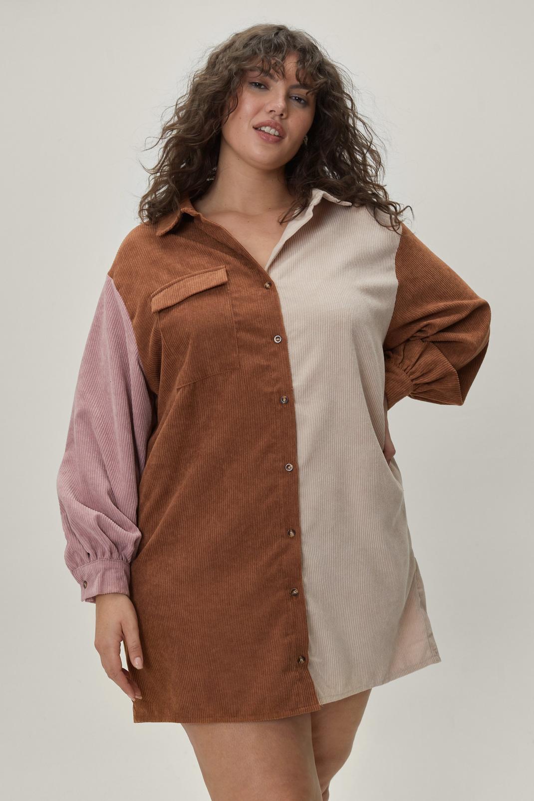 Tan Plus Size Corduroy Color Block Shirt Dress image number 1