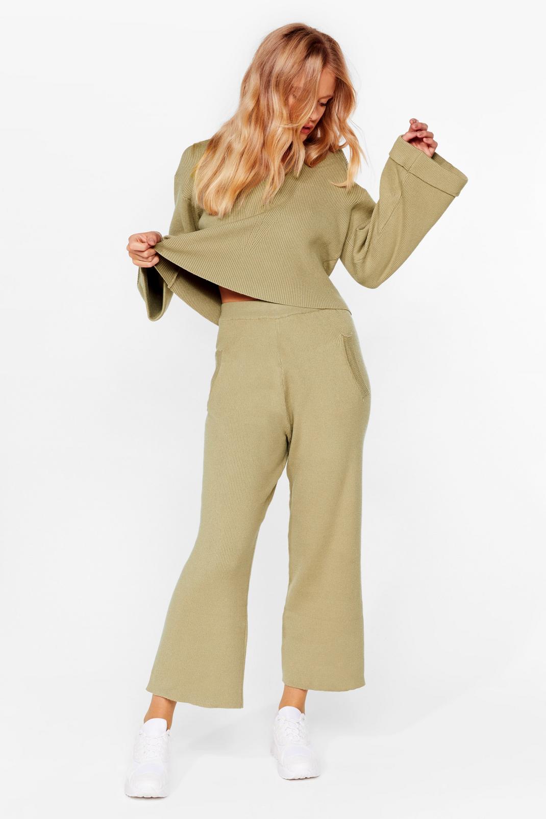 Olive Rest Up Ribbed Hoodie and Wide-Leg Pants Set image number 1