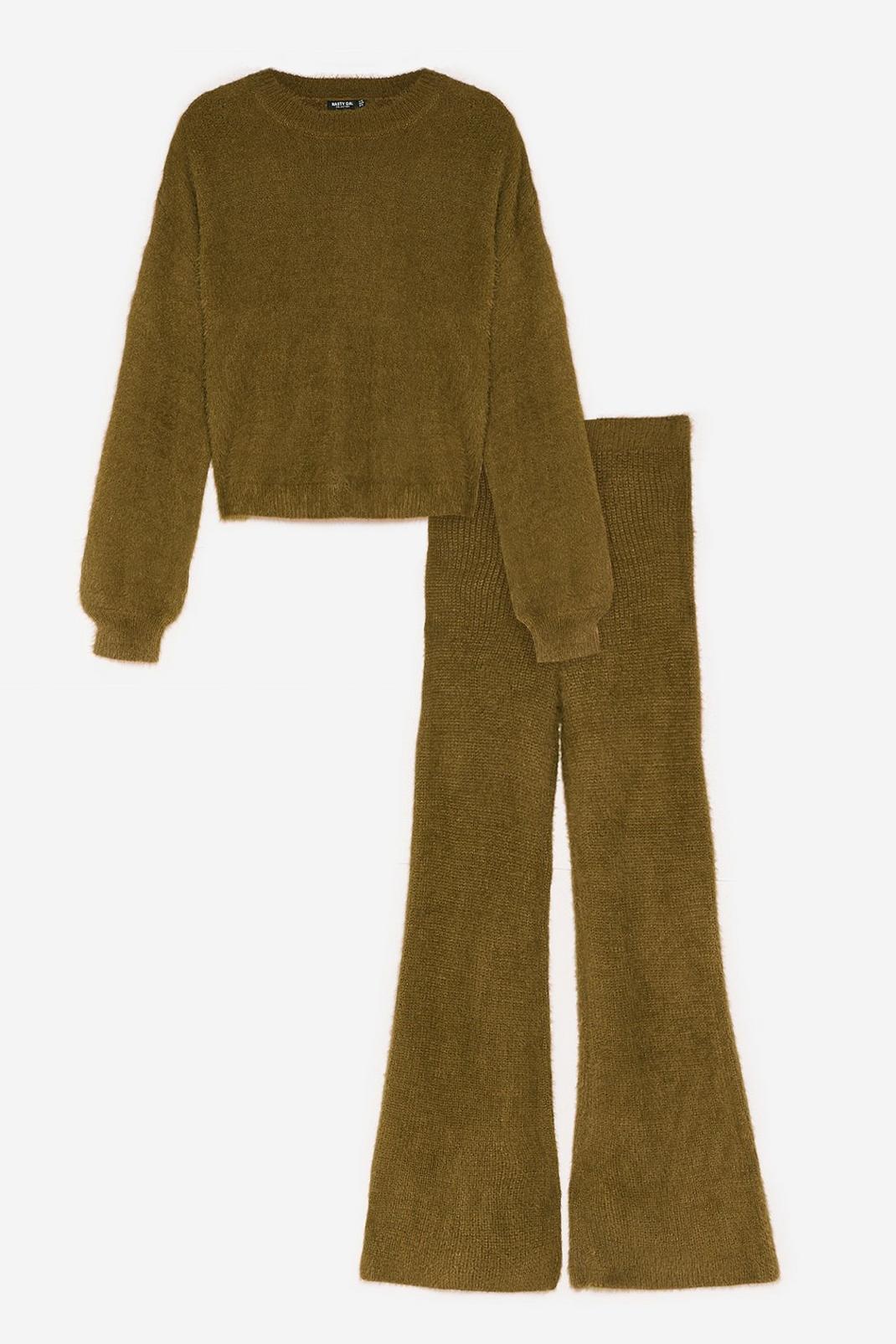 Olive Deluxe Fluffy Knit Wide Leg Loungewear Set image number 1