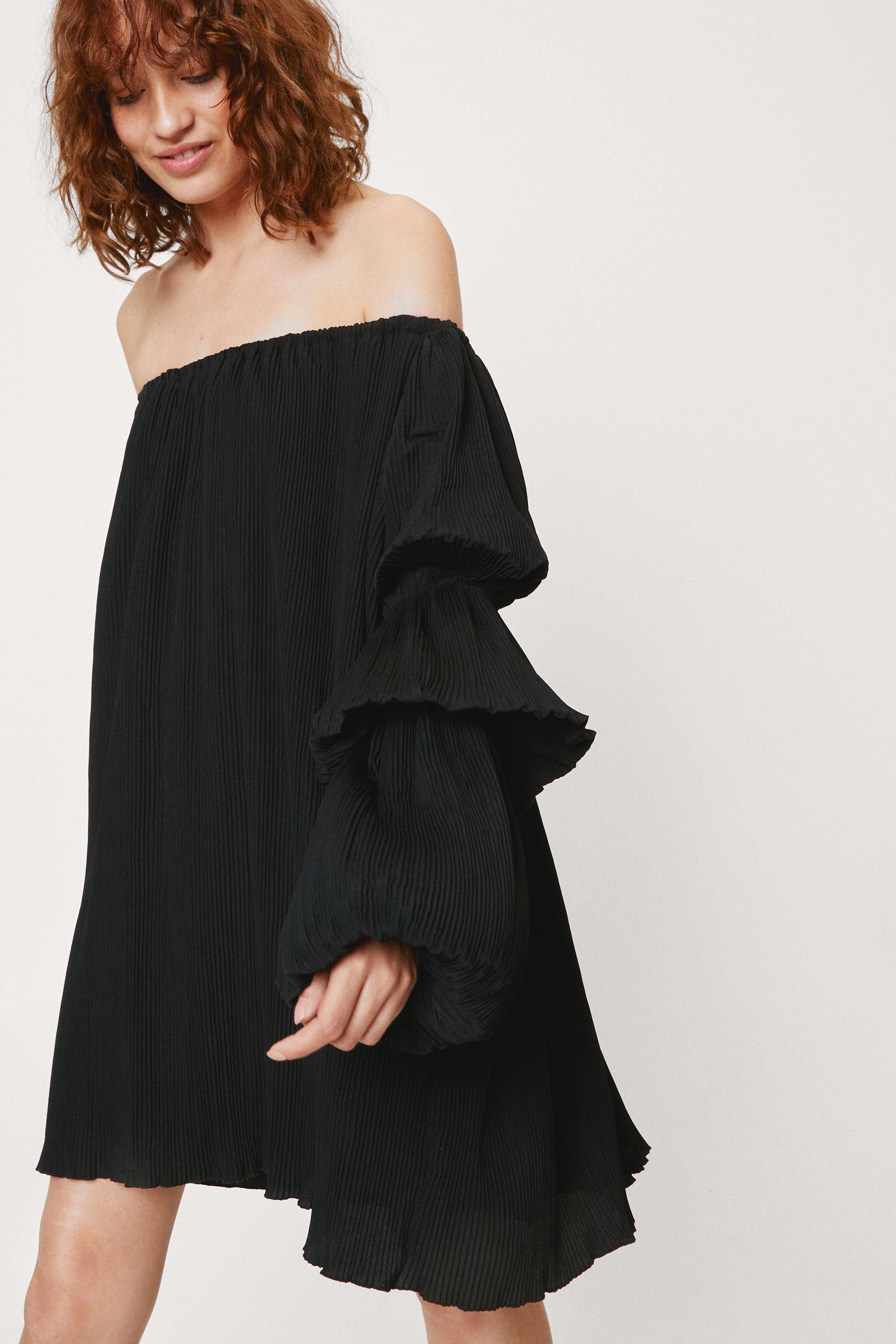 black puff sleeve bardot dress