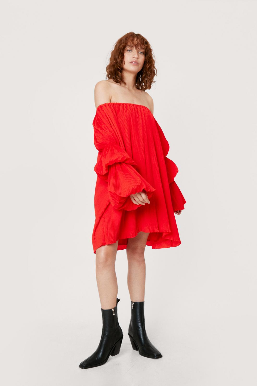 Red Pleated Puff Sleeve Bardot Mini Dress image number 1
