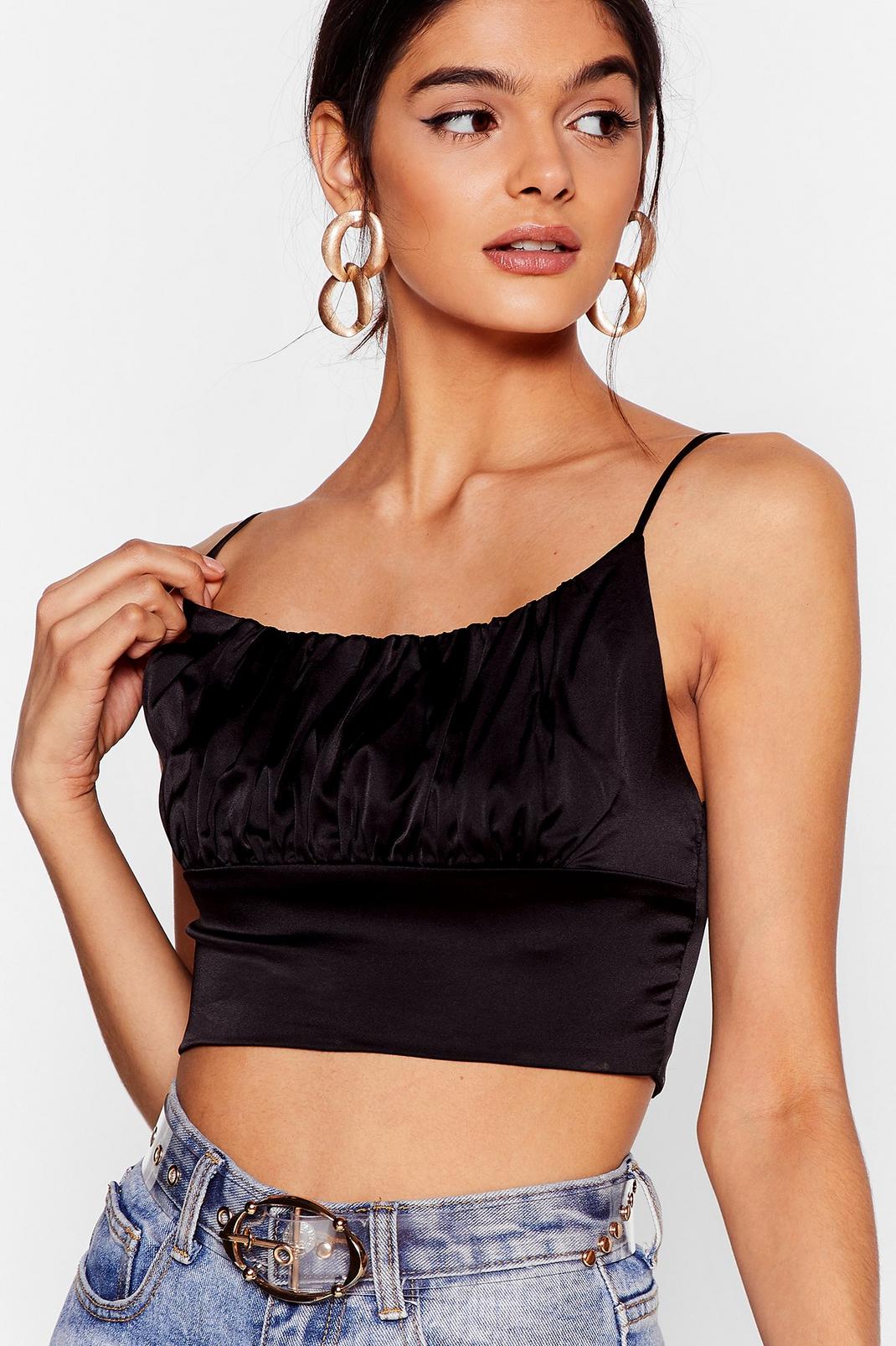 105 Satin Ruched Spaghetti Strap Crop Top image number 1
