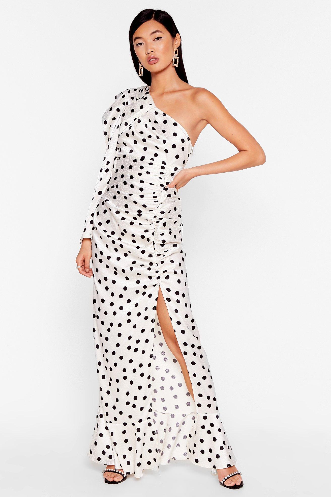 one shoulder polka dot dress