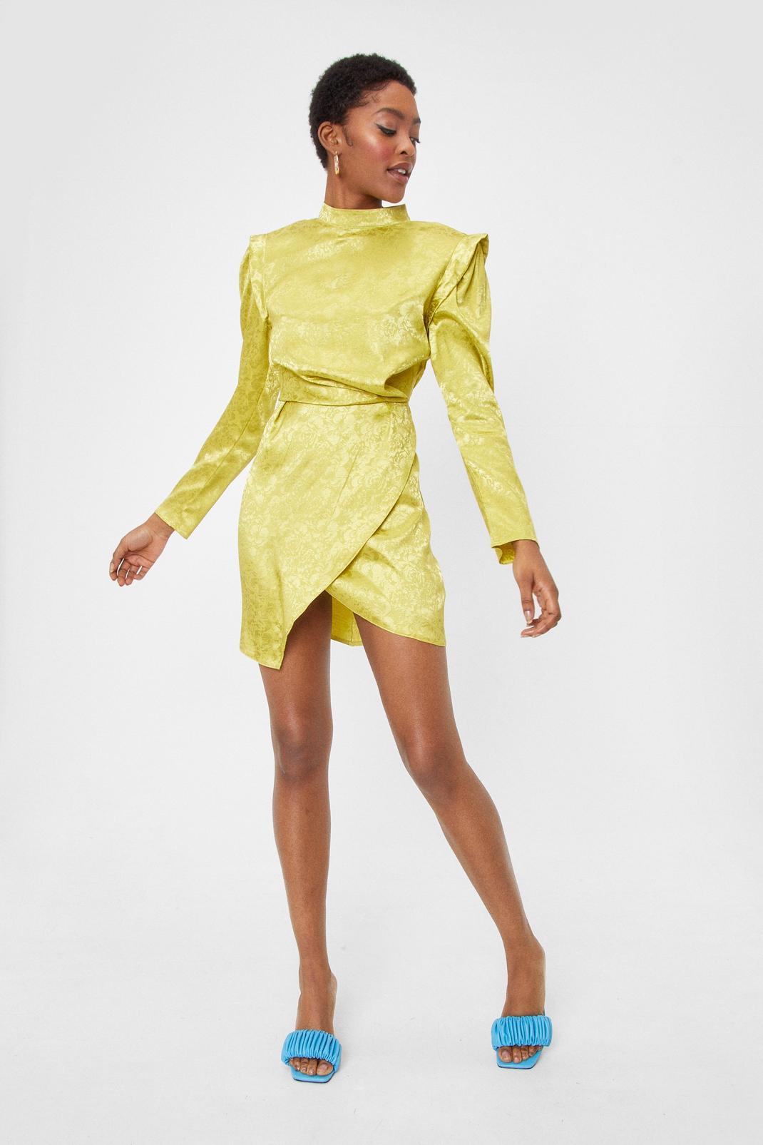 Lime Jacquard High Neck Wrap Mini Dress image number 1