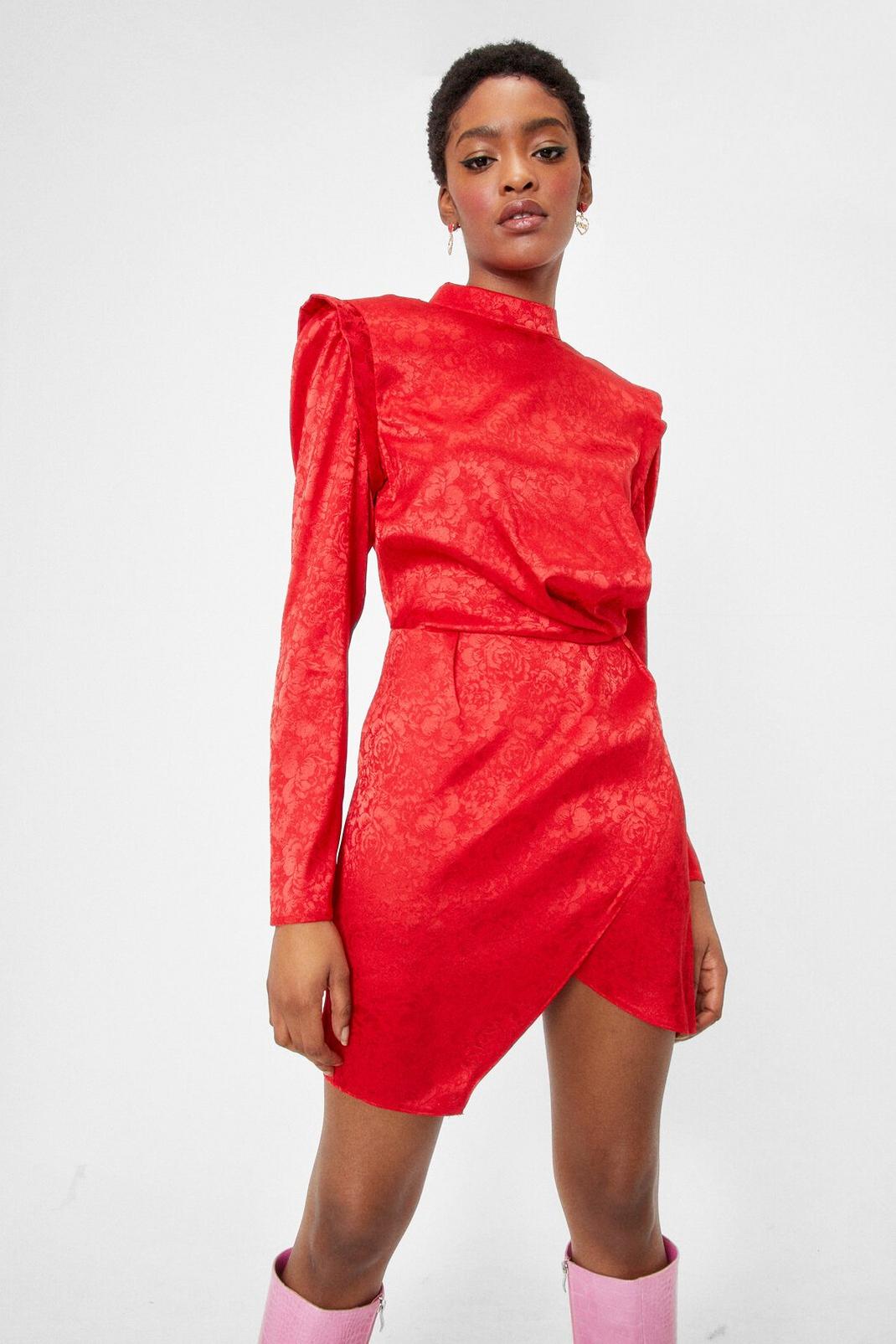 Red Jacquard High Neck Wrap Mini Dress image number 1