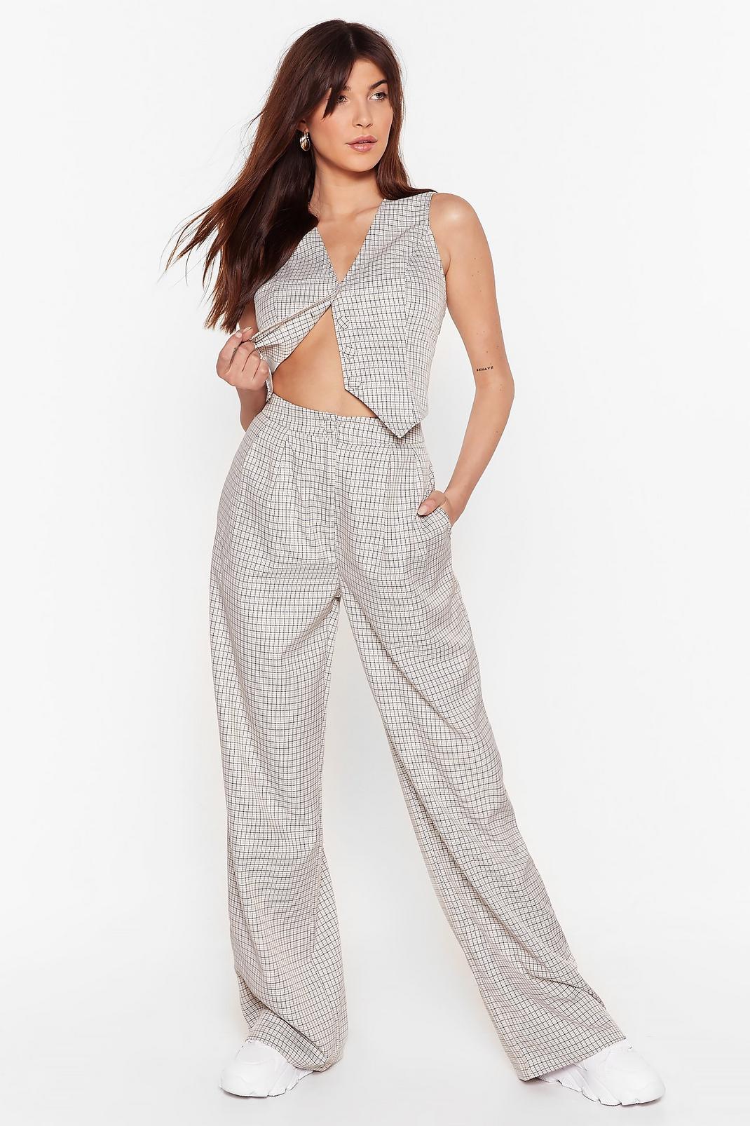 Beige Check Print Tailored Straight Leg Pants image number 1