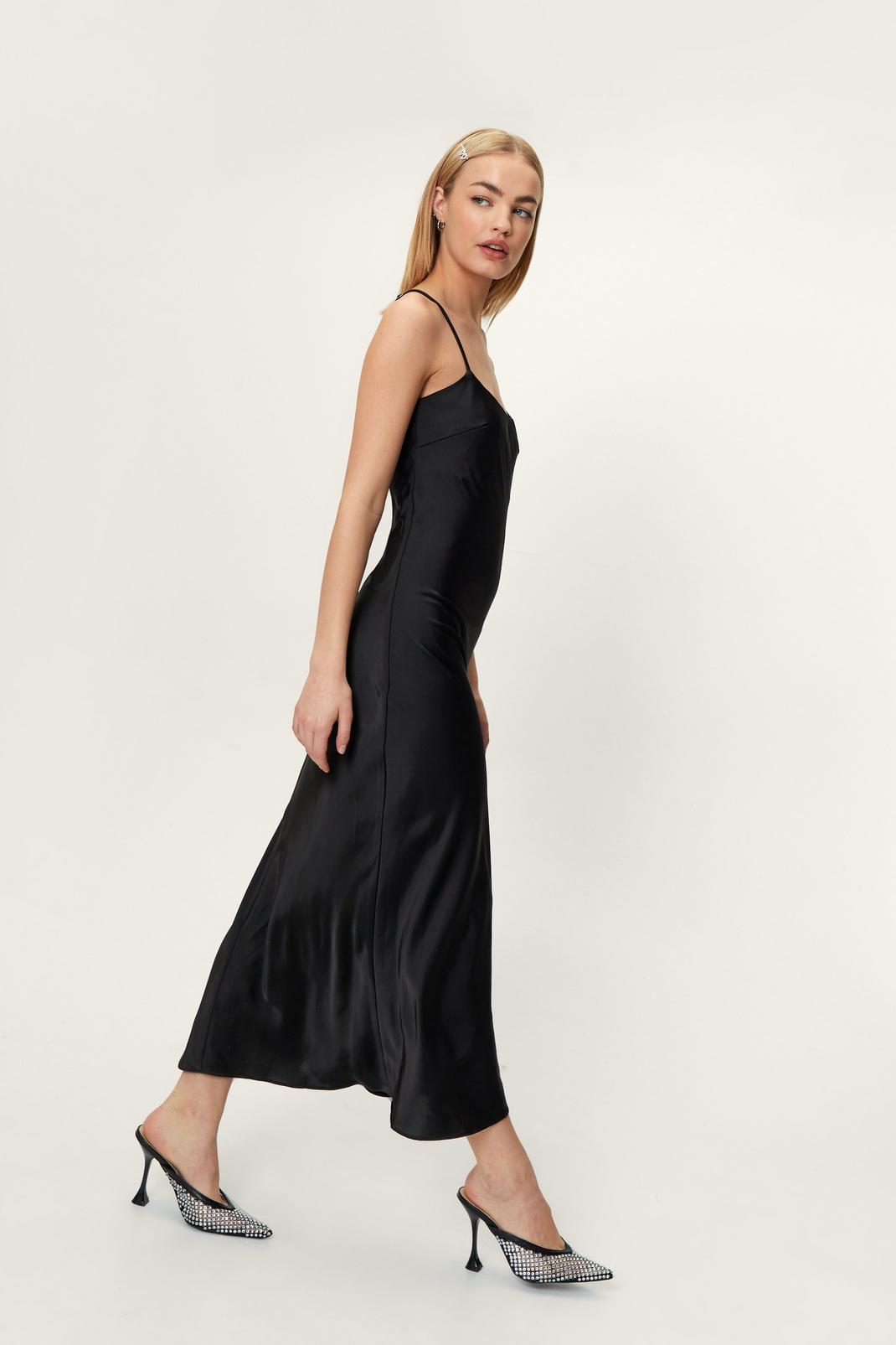 Black Satin Strappy Midi Dress image number 1