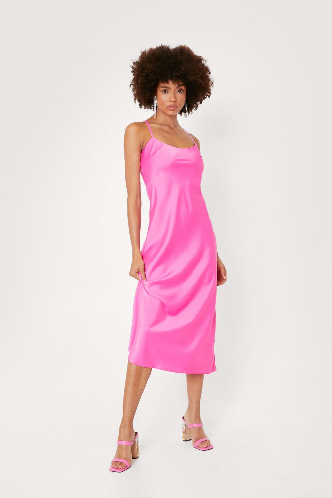 Hot pink Satin Cross Strap Midi Dress image number 1