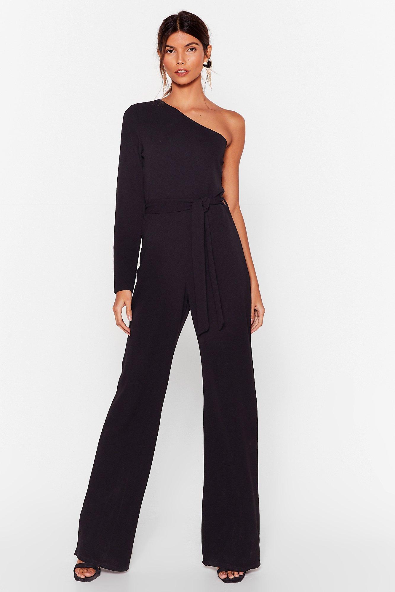 black belted one shoulder jumpsuit