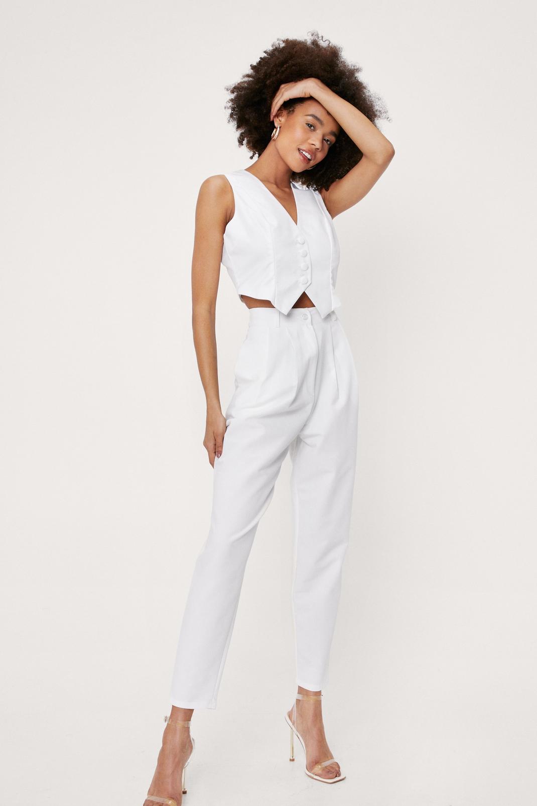 White High Waisted Pleated Tapered Pants image number 1