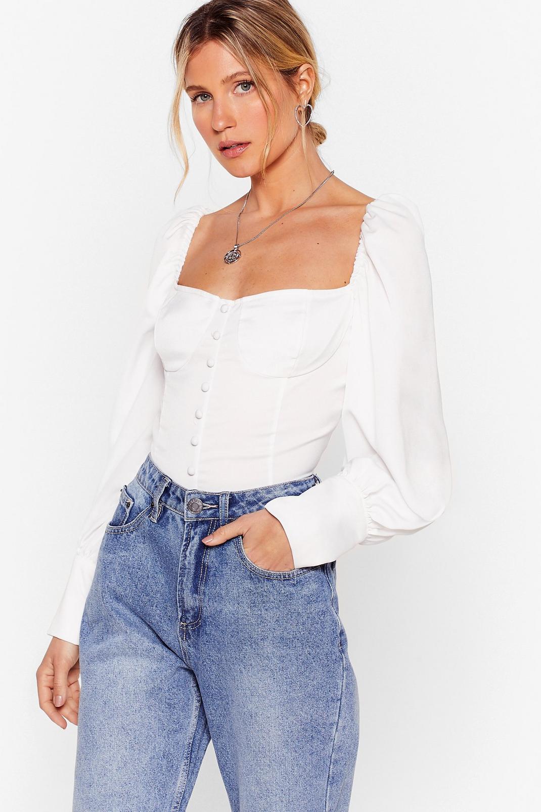 White Puff Sleeve Button Up Tie Back Blouse image number 1