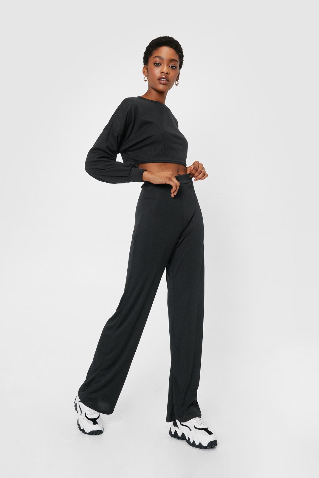 Black Better Two-gether Ribbed Crop Top and Pants Set image number 1