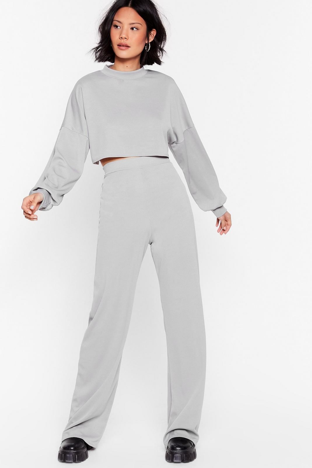 Grey Better Two-gether Ribbed Crop Top and Trousers Set image number 1