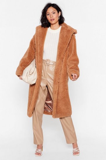 Camel Colour High Neck Long Leather Look PVC Coat 10-16 Back Split Zip