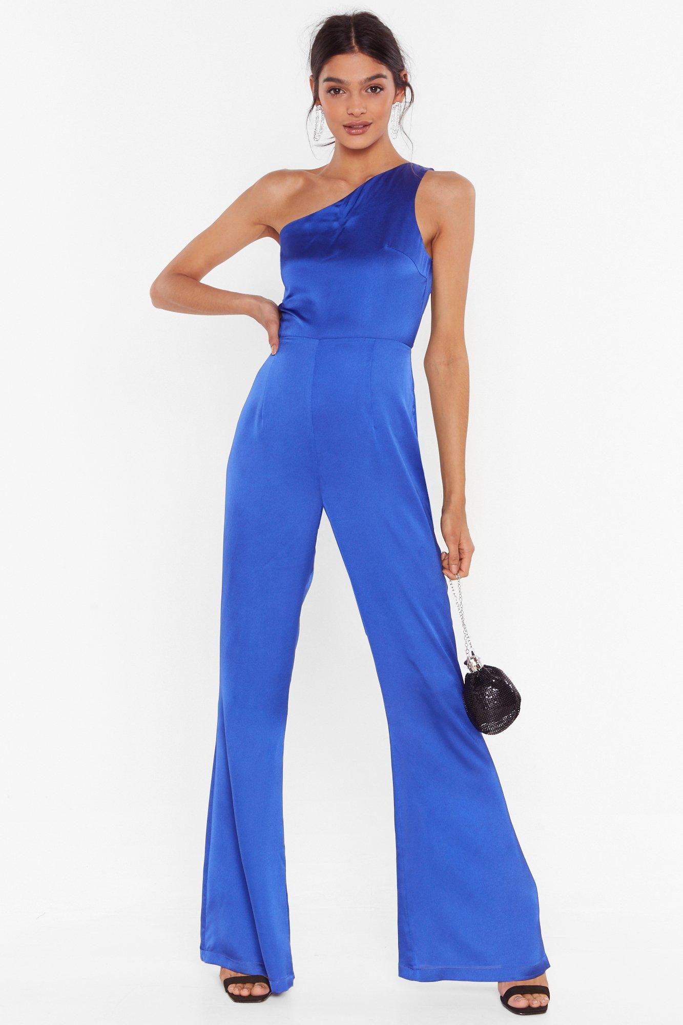 one shoulder flared jumpsuit