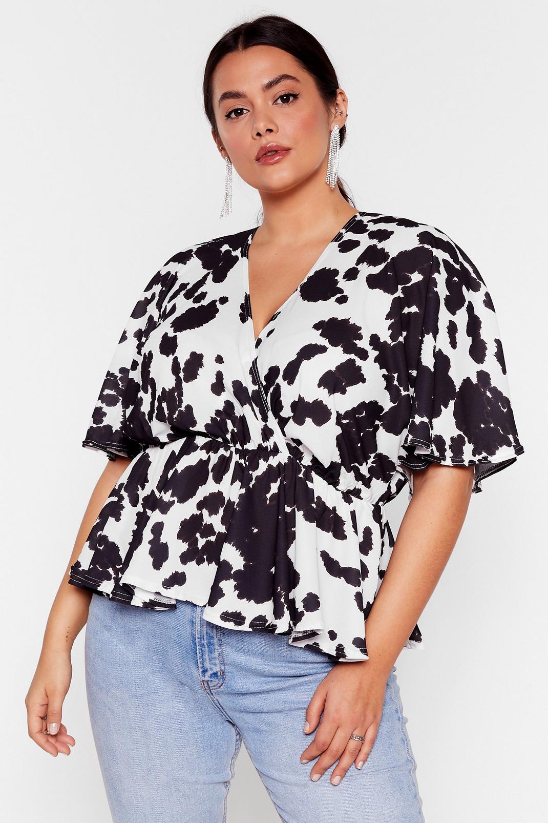 Brown Plus Size Cow Print Wrap Top image number 1