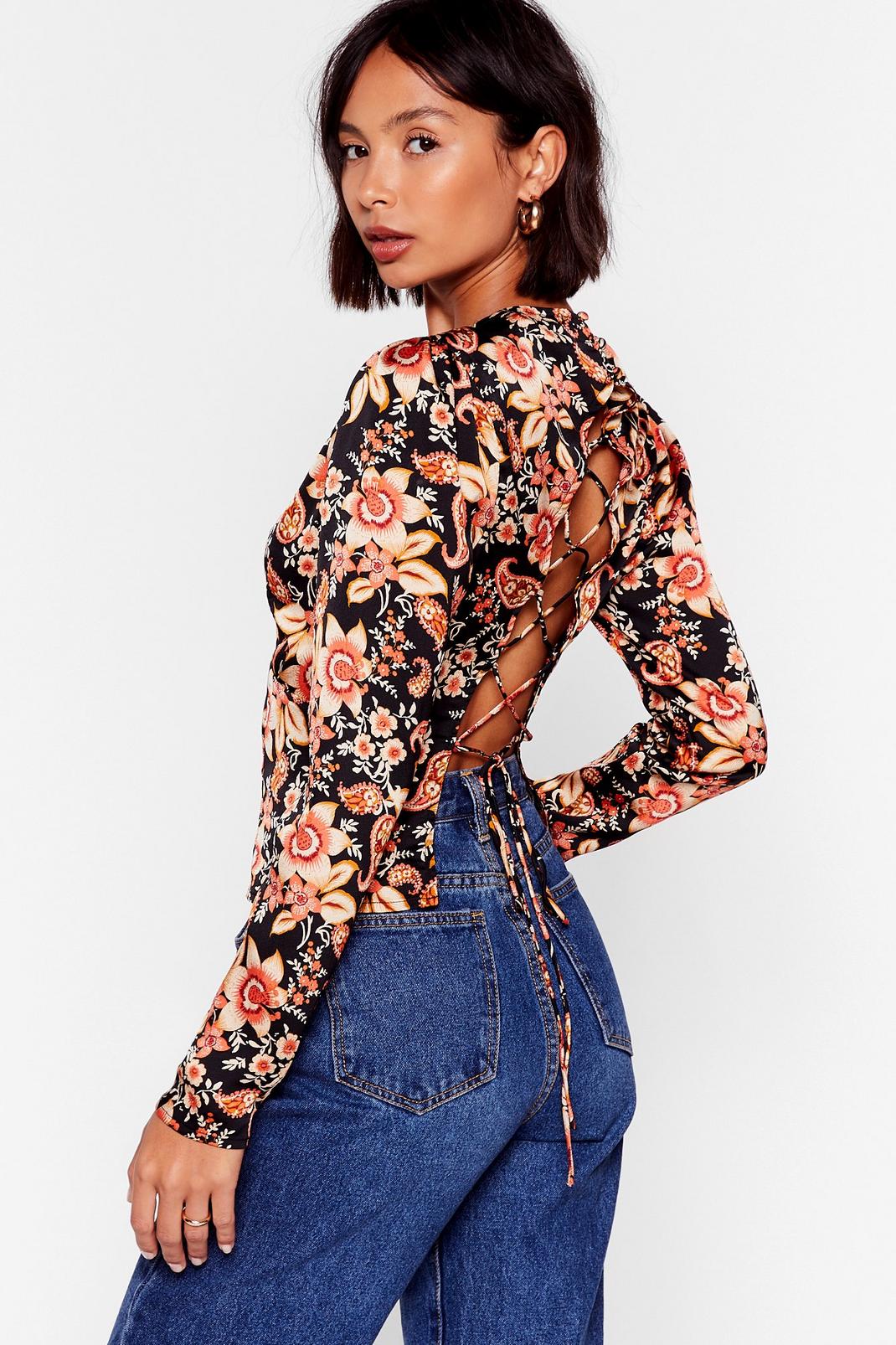 Paisley to Be Kind Floral Lace-Up Blouse image number 1
