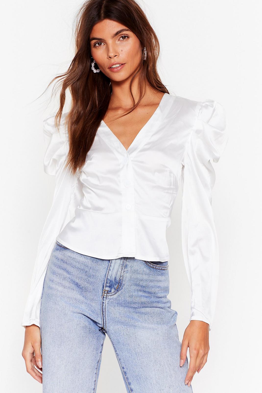White In Charge Puff Shoulder Satin Blouse image number 1